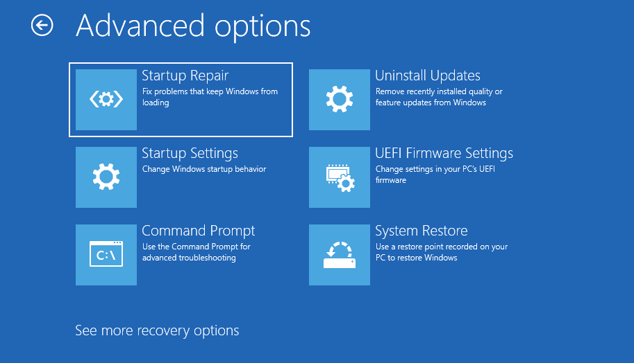 windows recovery environment Advanced Options, select startup repair