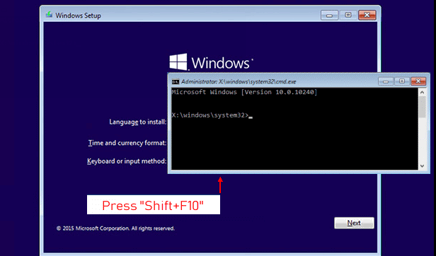 Press shift + F10 to open the Command Prompt window in windows installation disk