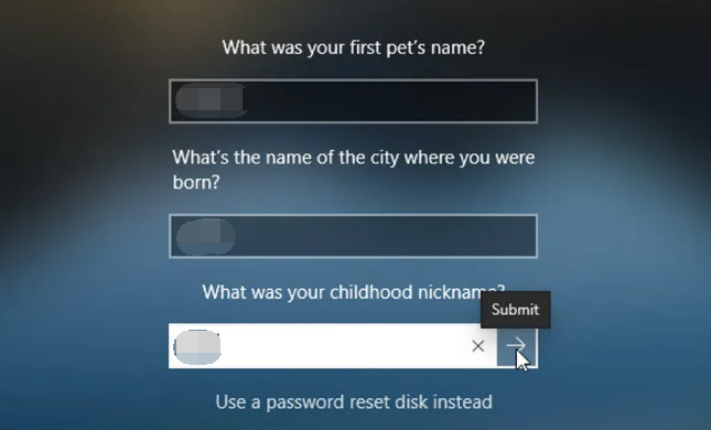 forgot windows 10 password and security questions