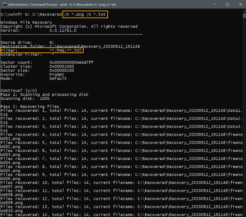 Windows File Recovery will display a list of potentially recoverable files