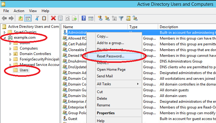Open ‘Active Directory Users and Computers’ to reset domain password