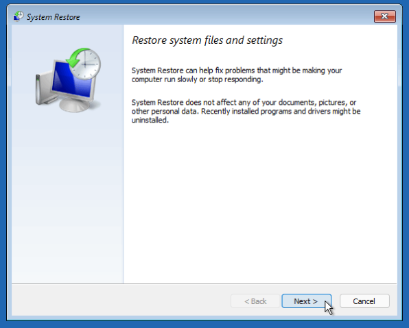 restore wizard in windows recovery enviroment