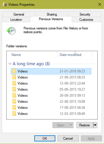 Previous Versions to Restore video files