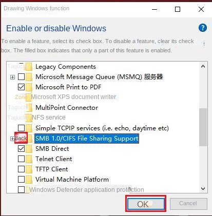 Check the SMB 1.0/CIFS File Sharing Support option