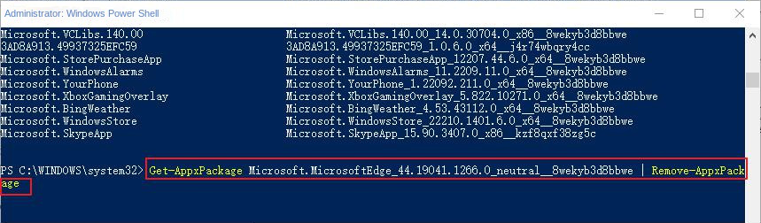 Enter the full command to uninstall Microsoft Edge