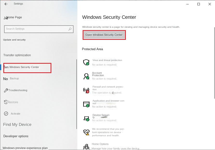 Click on the Open Windows Security Center option