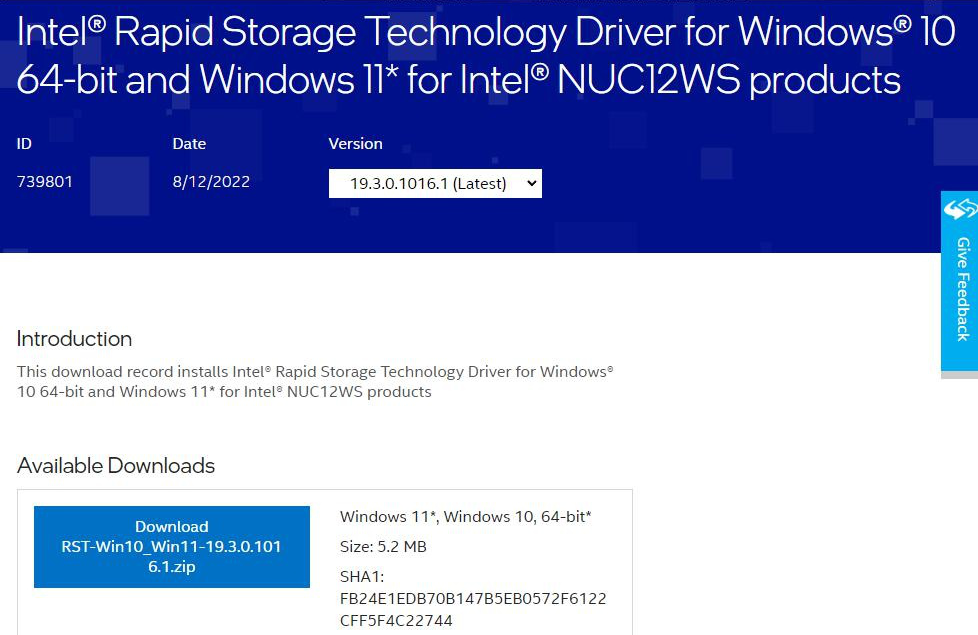 Intel official website RST driver download page