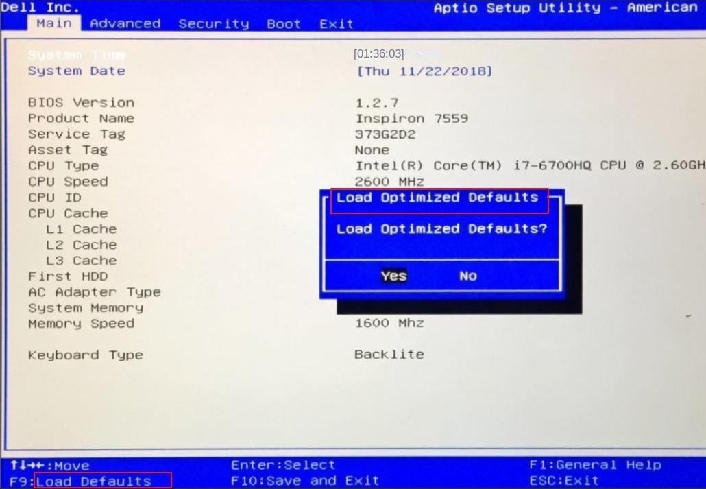 dell computer BIOS option load defaults