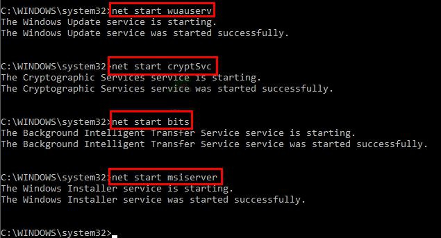 Enter a series of commands such as net start wuauserv