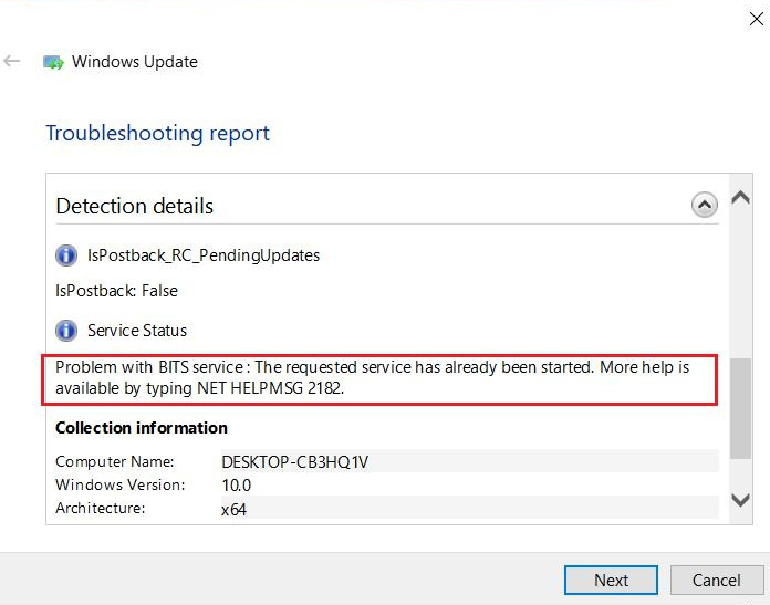 Windows update error NET HELPMSG 2182