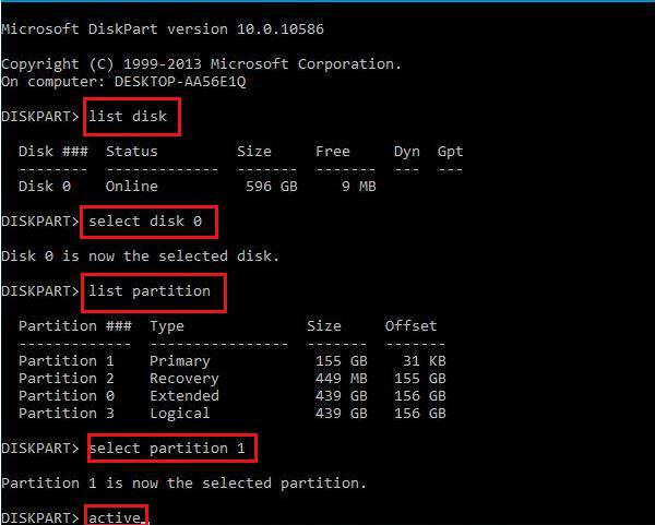 diskpart set the active partition