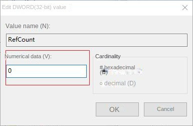 Set RefCount value data to 0