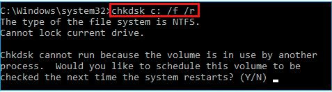 Enter the chkdsk c /f /r command