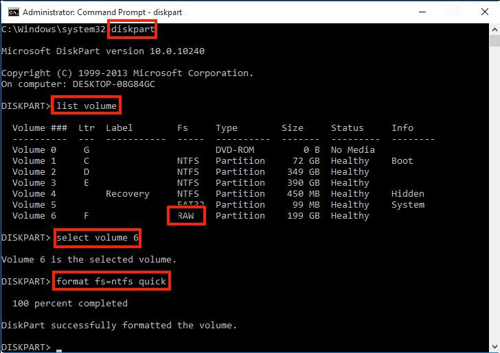 The diskpart command formats the raw partition