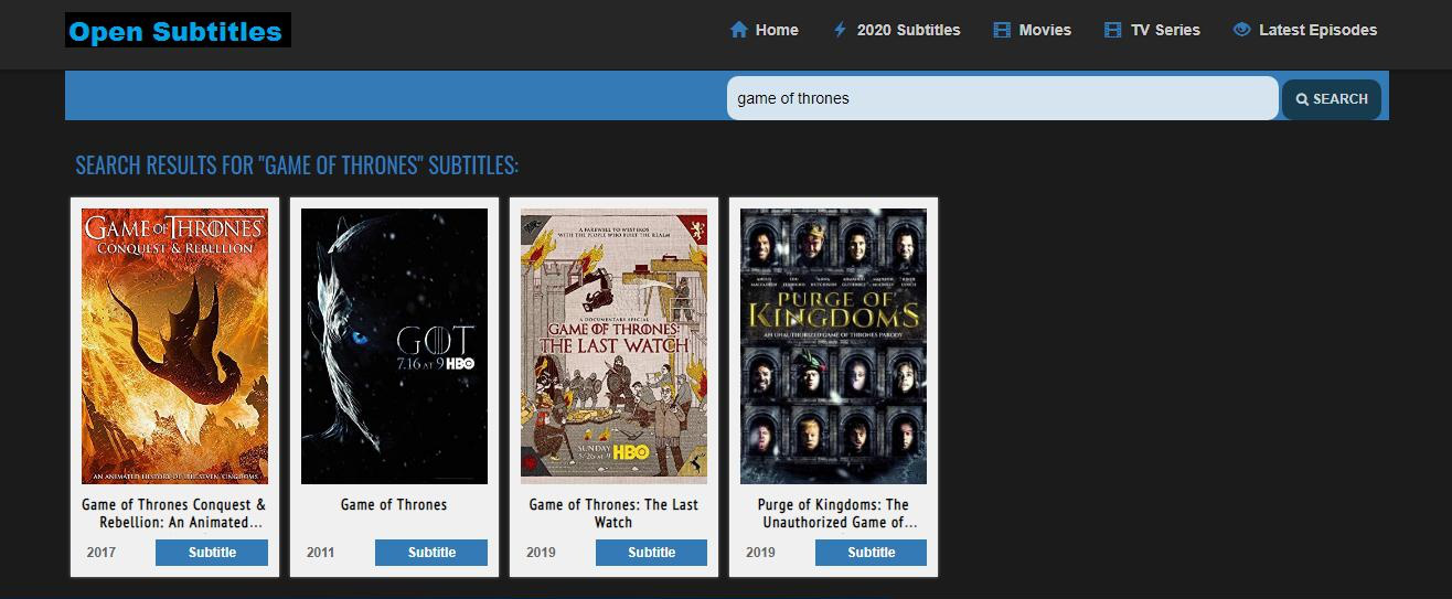 Open Subtitles subtitle website search interface