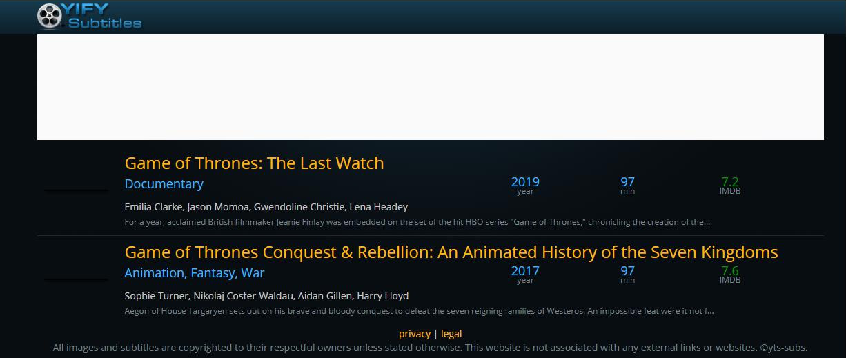YIFY Subtitles subtitle website search interface