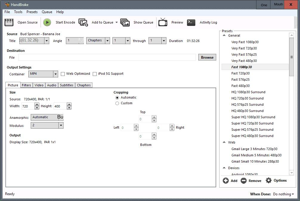 HandBrake software operation interface
