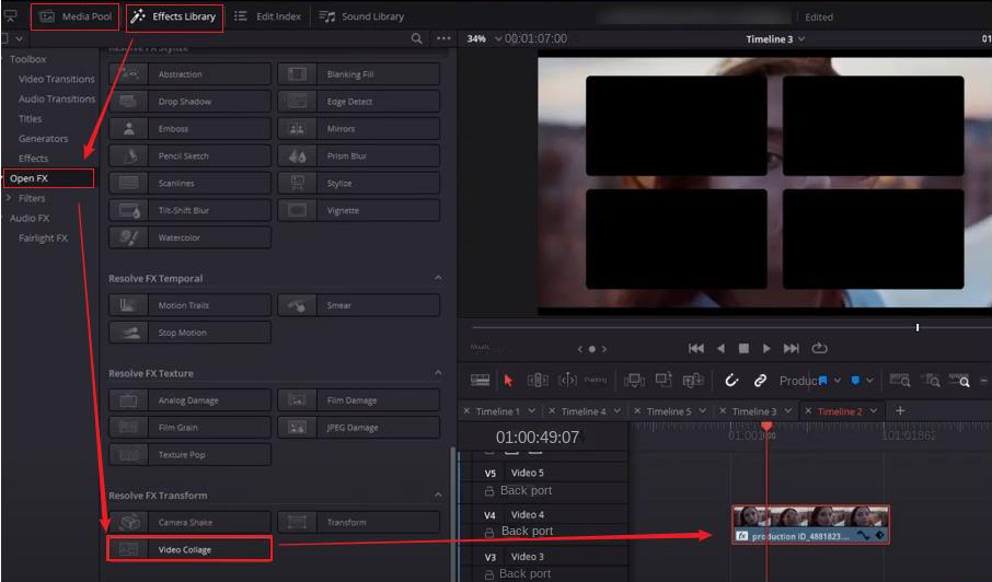 Import video into DaVinci Resolve and select split screen style