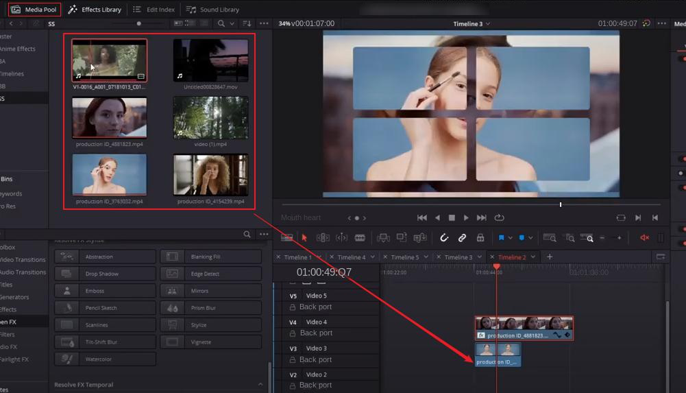 DaVinci Resolve adds new video footage to the timeline