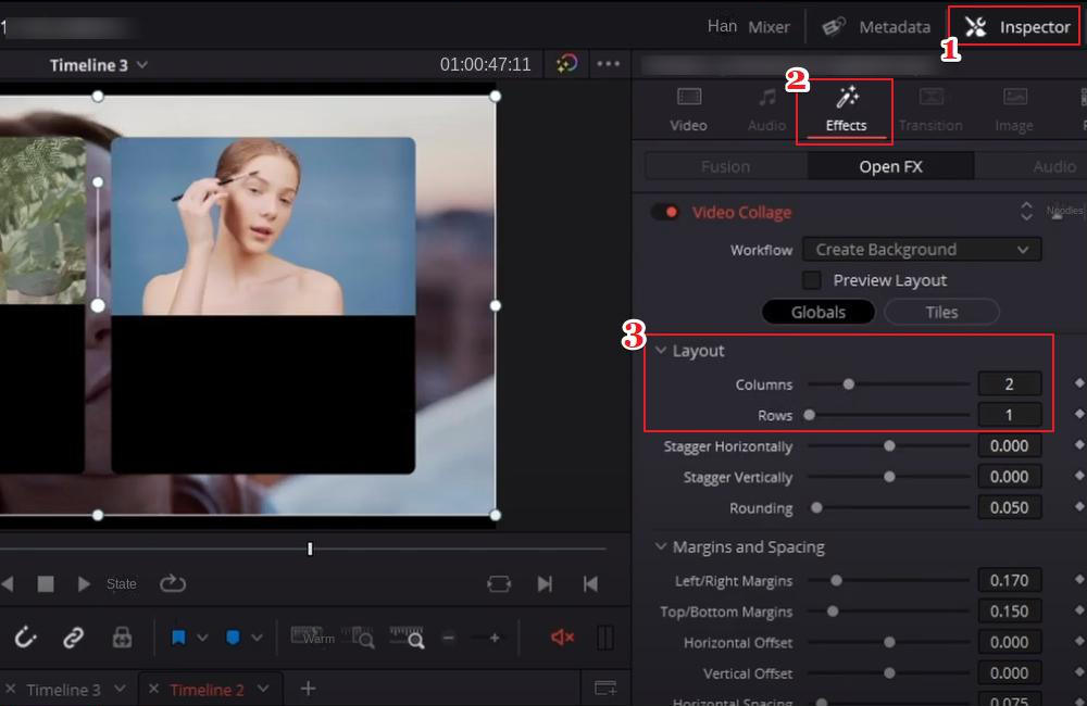DaVinci Resolve adjusts the split screen style and exports the video