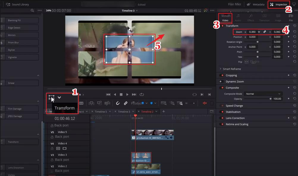 DaVinci Resolve adjusts video size and position