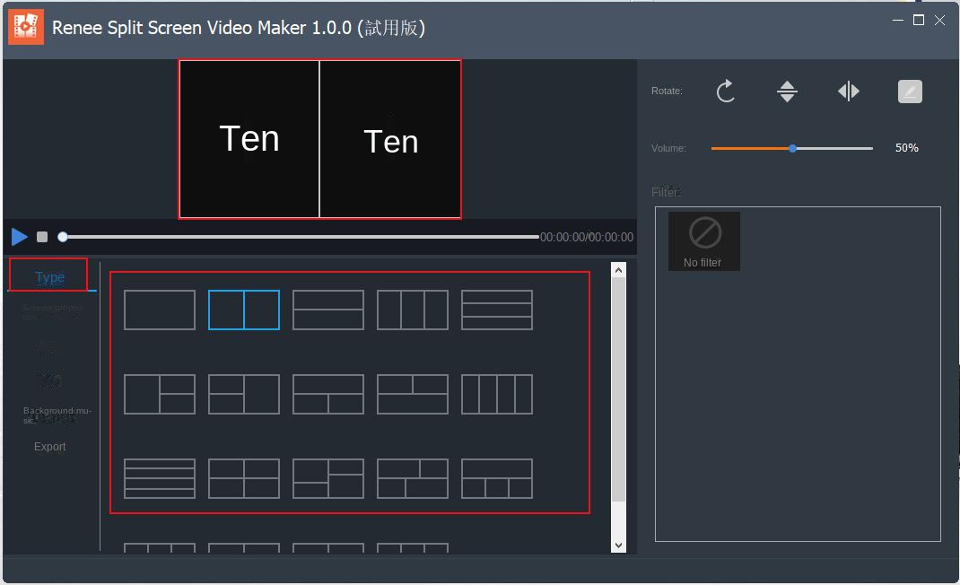 Renee Video Editor split-screen video screen setting interface