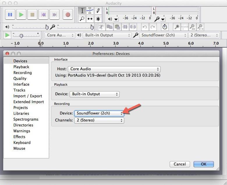 Select the recording device as Soundflower (2ch) in Audacity