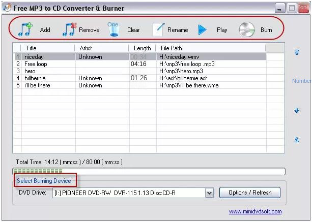 Free MP3 to CD Converter & Burner software interface