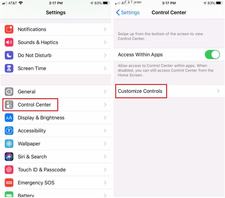Choose Control Center and Customize Controls in Settings