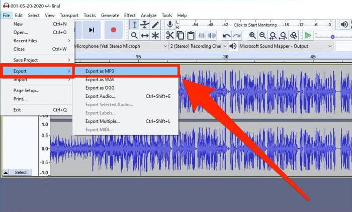Choose to save as MP3 in Audacity software