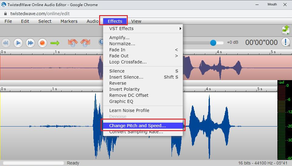 Open the speed adjustment interface in the TwistedWave Online audio editing window