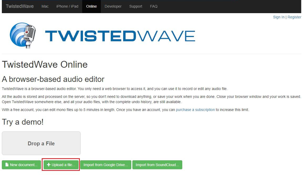 Upload files on TwistedWave Online