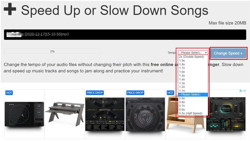 Select audio speed in AudioTrimmer online audio editing tool