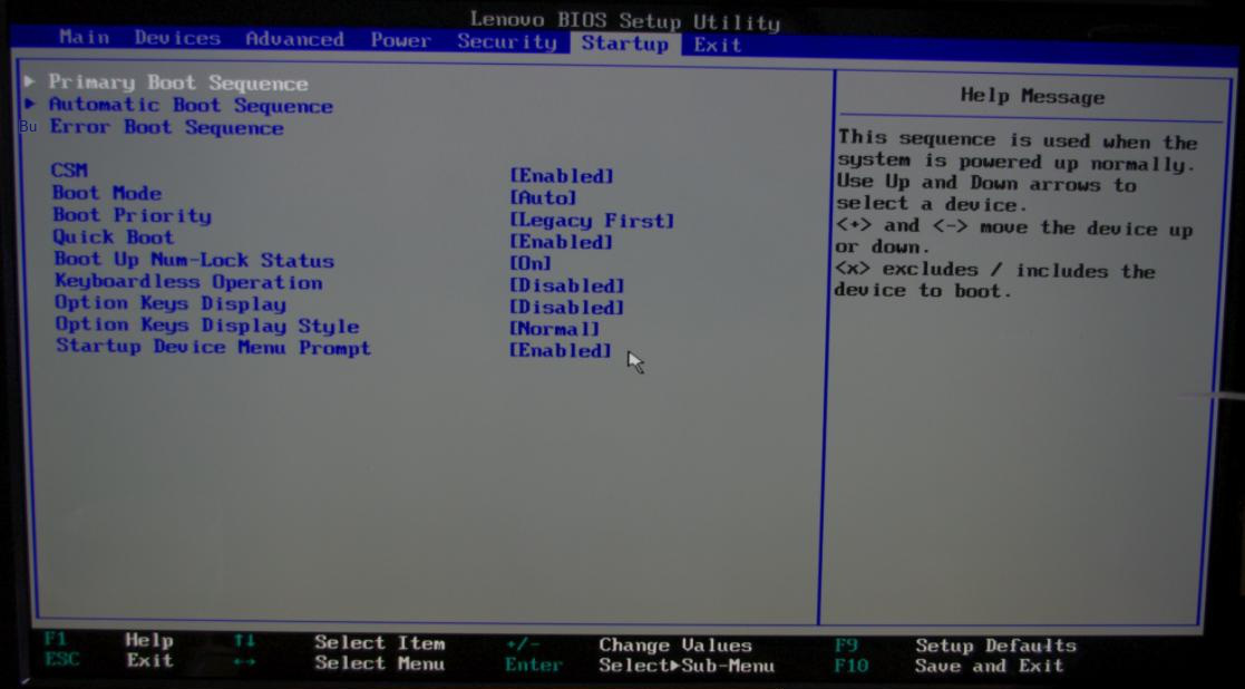 Lenovo bios select Primary Boot Sequence