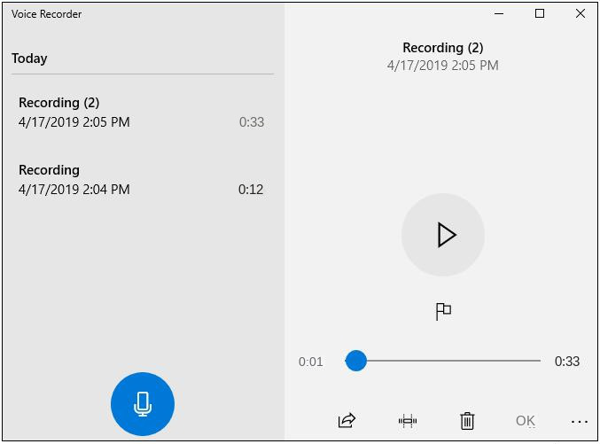 Windows Voice Recorder software recording interface