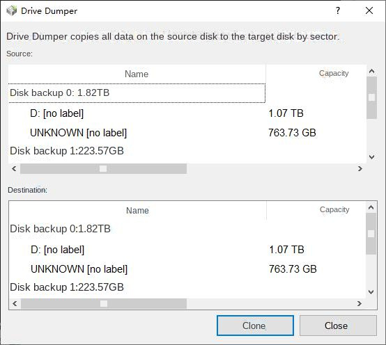 Select the original disk and destination for data backup