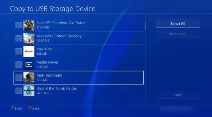 Select game to copy to USB storage device