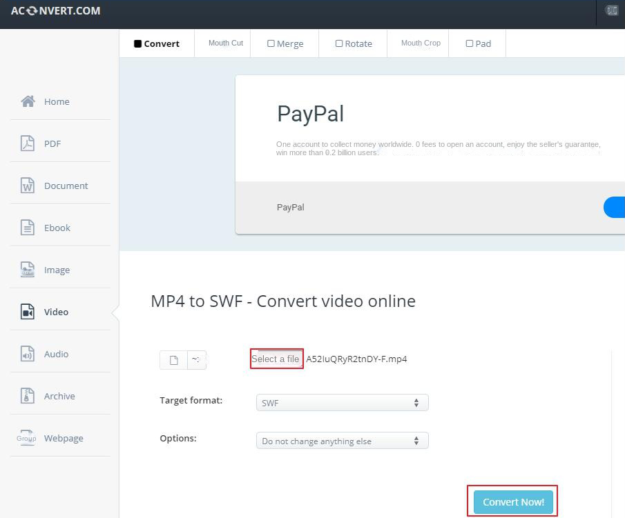 ACONVERT.COM website MP4 to SWF interface