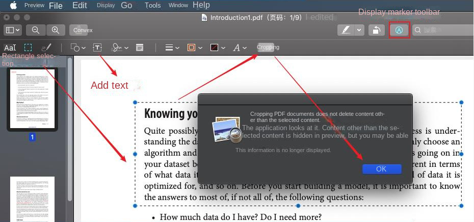 Show markup toolbar to add text and crop