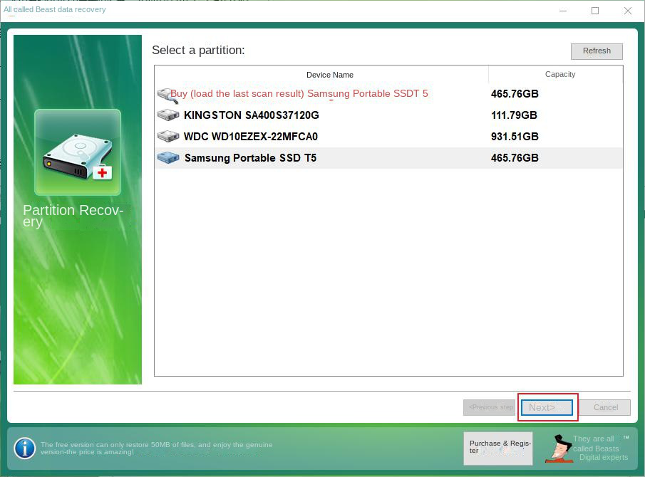 Select target device for partition recovery