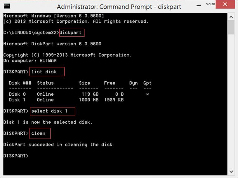 Enter the Clean command to clear disk information
