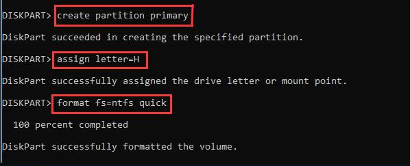 Enter the create partition primary and format fs commands