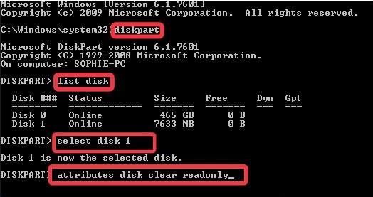 diskpart clear read-only attribute