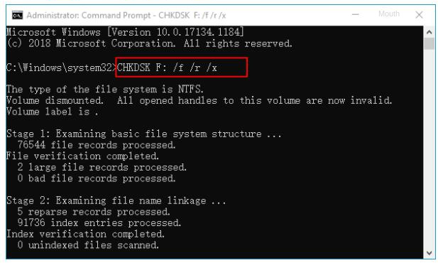 Enter the chkdsk disk repair command