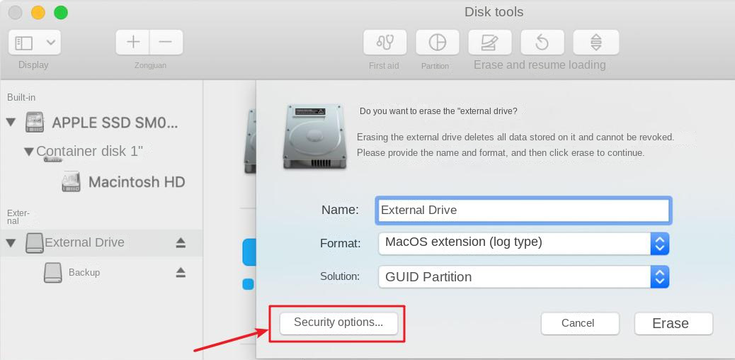 mac disk utility erase security options