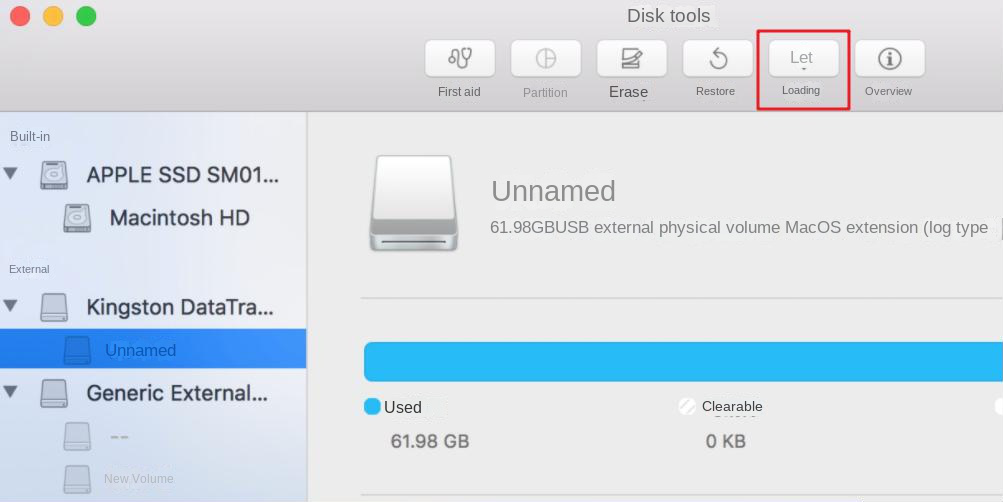 Disk Utility mounts the removable hard drive