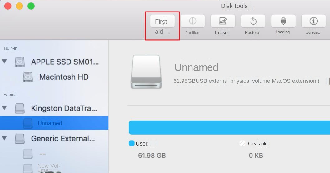 Mac Disk Utility Select Disk and First Aid