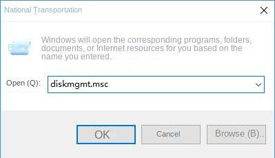 Run window input diskmgmt.msc