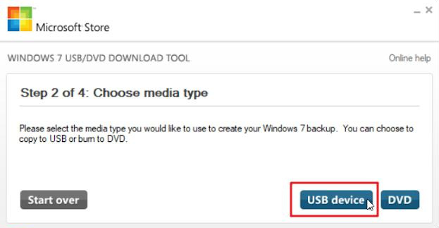 Windows USB/DVD Download Tool select media type