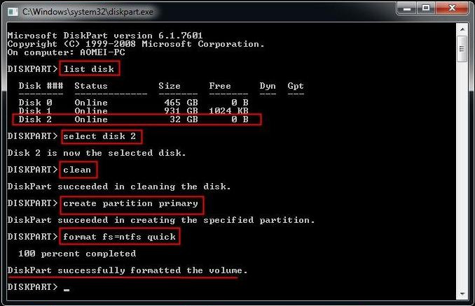 dispart format hard disk